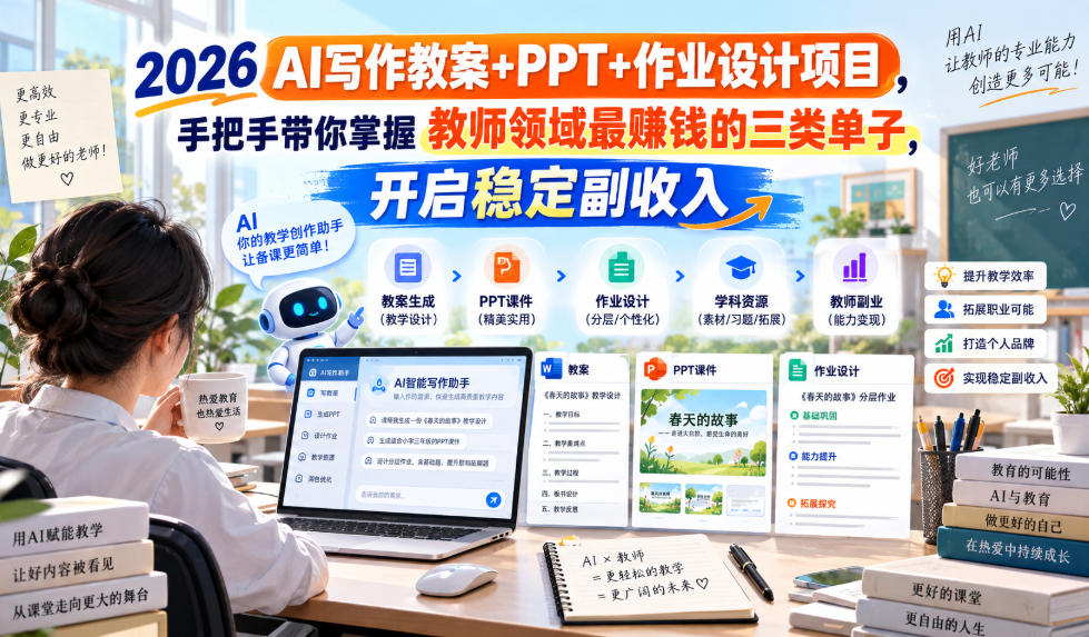 2026 AI写作教案+PPT+作业设计项目，手把手带你掌握教师领域最賺钱的三类单子，开启稳定副收入-985网创