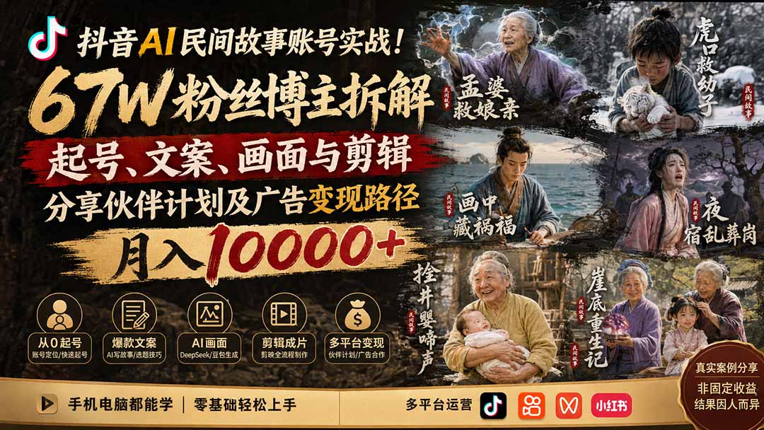 抖音AI民间故事账号实战！67W粉丝博主拆解起号、文案、画面与剪辑，分享伙伴计划及广告变现路径，月入10000+-985网创