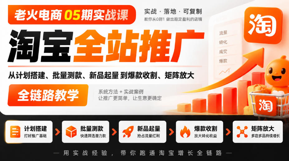 老火电商05期实战课｜淘宝全站推广从计划搭建、批量测款、新品起量到爆款收割、矩阵放大全链路教学-985网创