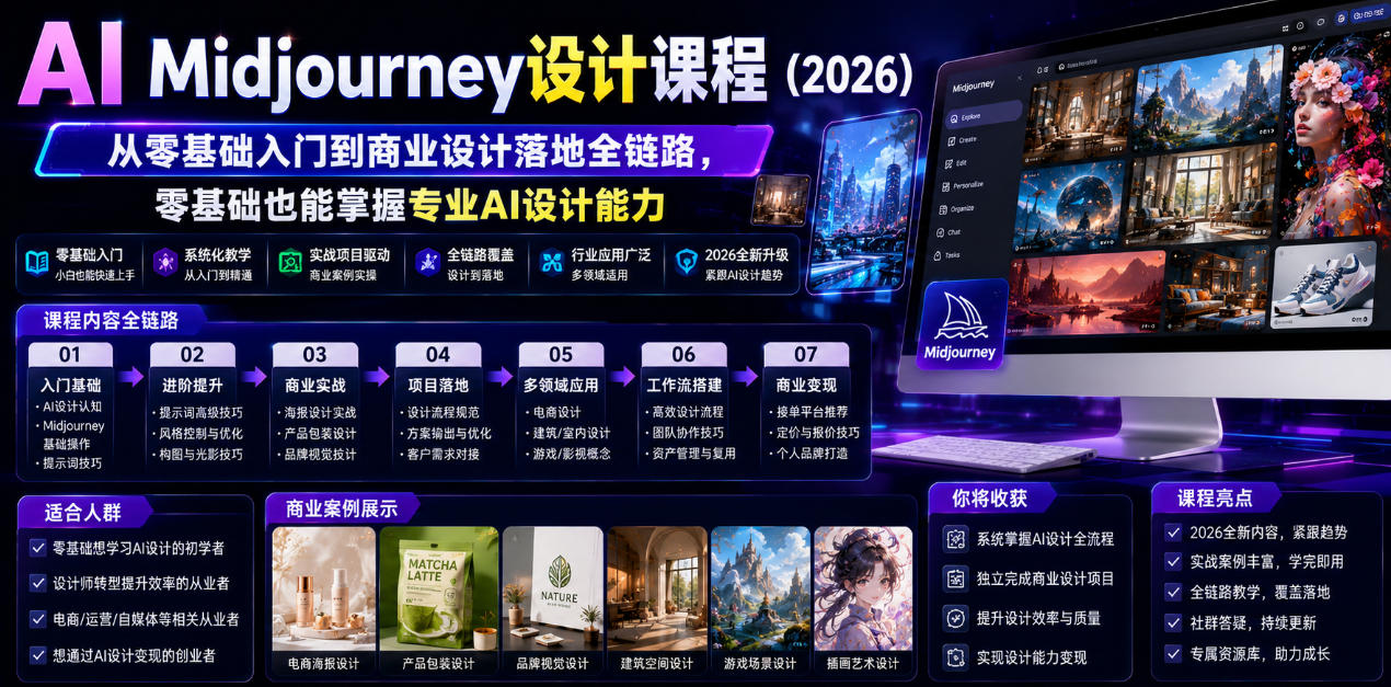 AI Midjourney设计课程（2026），从零基础入门到商业设计落地全链路，零基础也能掌握专业AI设计能力-985网创