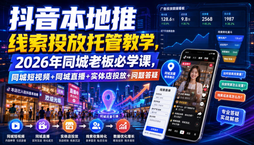 抖音本地推线索投放托管教学，2026年同城老板必学课，同城短视频+同城直播+实体店投放+问题答疑-985网创