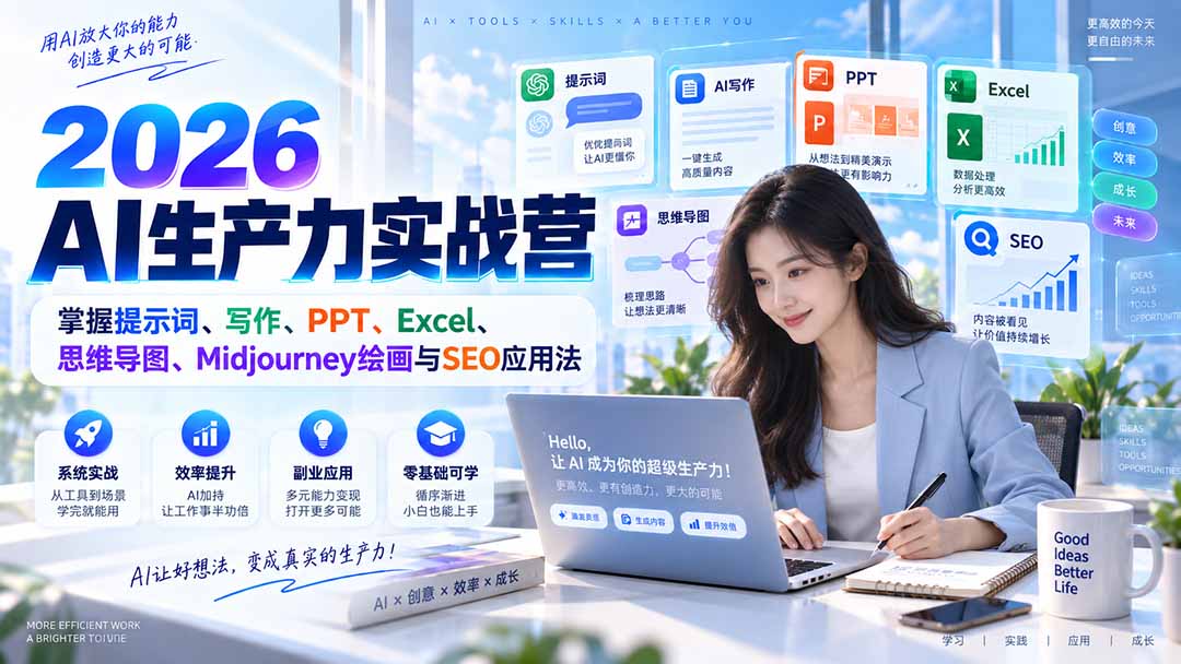 2026AI生产力实战营：掌握提示词、写作、PPT、Excel、思维导图、Midjourney绘画与SEO应用法-985网创