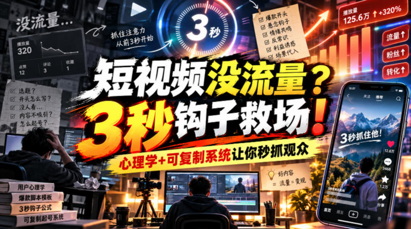 【无水印】短视频没流量？3秒钩子救场！心理学+可复制系统让你秒抓观众【原创双语字幕】-985网创