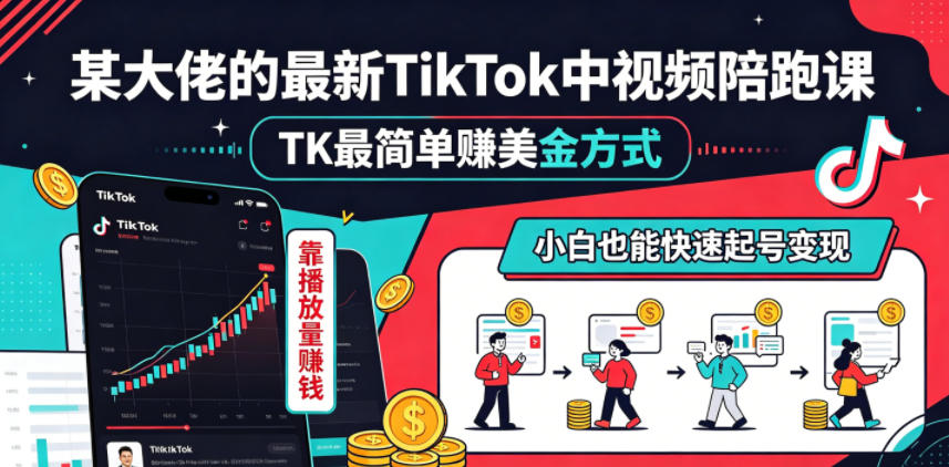 某大佬的最新TikTok中视频陪跑课，TK最简单賺美金方式，靠播放量賺钱，小白也能快速起号变现-985网创