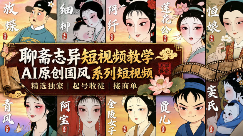 聊斋志异短视频教学，AI原创国风系列短视频，精选独家丨起号收徒丨接商单-985网创