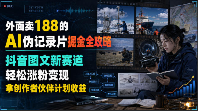 外面卖188的AI伪记录片掘金全攻略，抖音图文新赛道，轻松涨粉变现，拿创作者伙伴计划收益【文档】-985网创