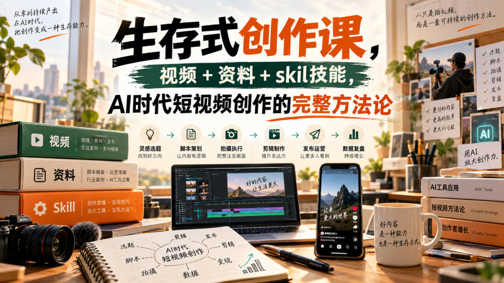 生存式创作课，视频+资料+skil技能，ai时代短视频创作的完整方法论-985网创