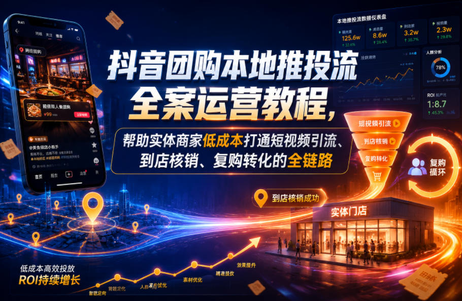 抖音团购本地推投流全案运营教程，帮助实体商家低成本打通短视频引流、到店核销、复购转化的全链路-985网创