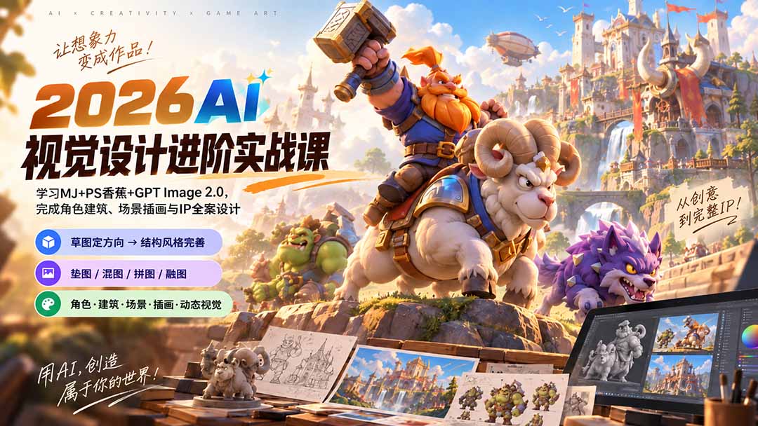 2026AI视觉设计进阶实战课-更新：学习MJ+PS香蕉+GPT Image 2.0，完成角色建筑、场景插画与IP全案设计-985网创