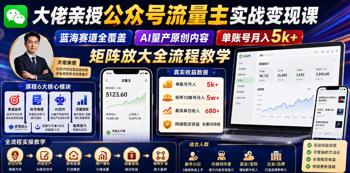 大佬亲授公众号流量主实战变现课，蓝海赛道全覆盖，AI量产原创内容，单账号月入5k+矩阵放大全流程教学-985网创