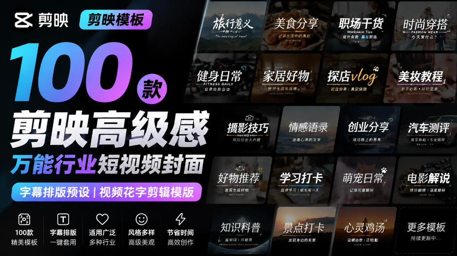 【剪映模板】100款剪映高级感万能行业短视频封面字幕排版预设视频花字剪辑模版-985网创