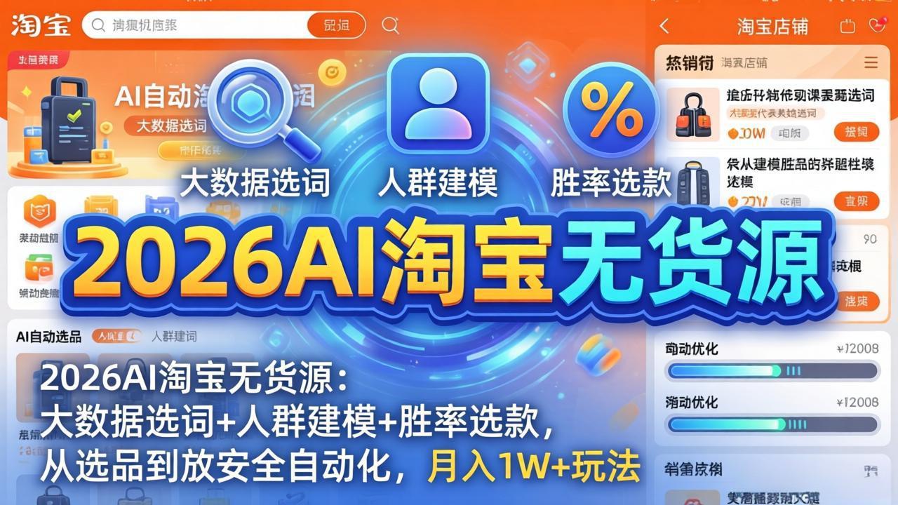 2026AI淘宝无货源：大数据选词+人群建模+胜率选款，从选品到放大全自动化，月入1W+玩法-985网创