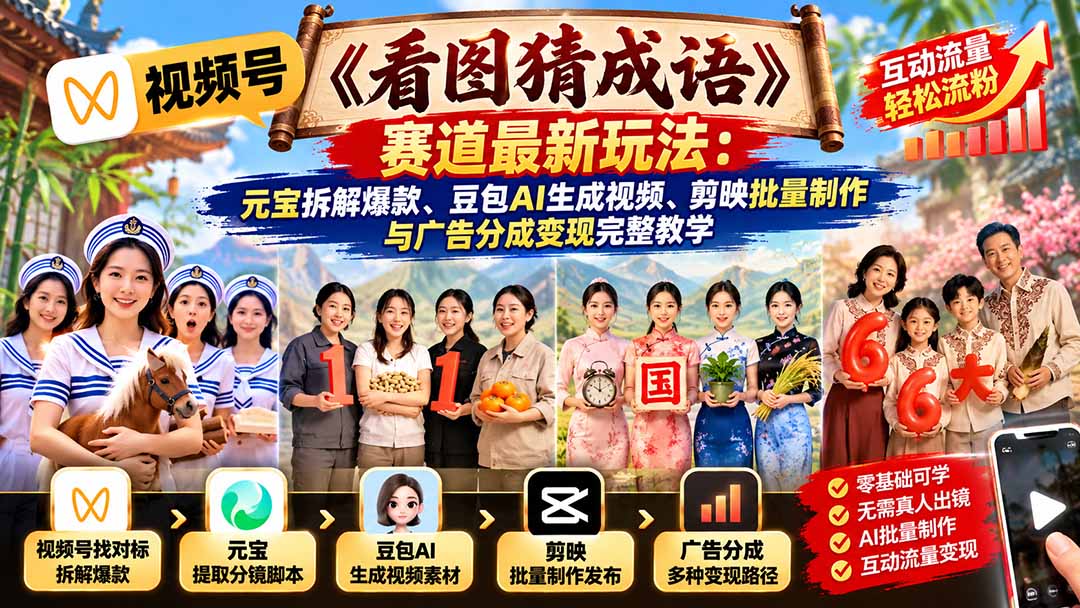 视频号《看图猜成语》赛道最新玩法：元宝拆解爆款、豆包AI生成视频、剪映批量制作与广告分成变现完整教学-985网创