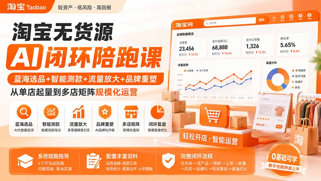 淘宝无货源AI闭环陪跑课：蓝海选品+智能测款+流量放大+品牌重塑，从单店起量到多店矩阵规模化运营-985网创