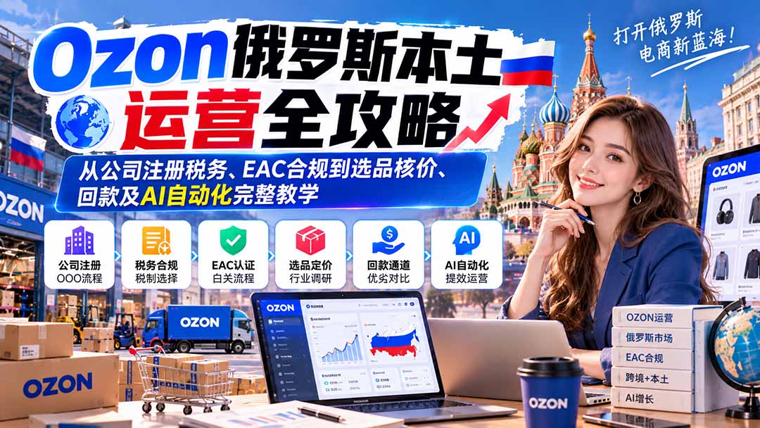 Ozon俄罗斯本土运营全攻略：从公司注册税务、EAC合规到选品核价、回款及AI自动化完整教学-985网创
