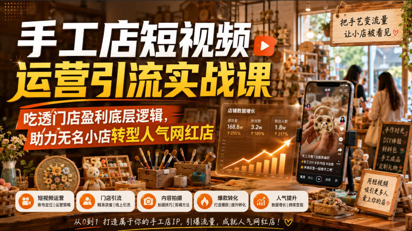 手工店短视频运营引流实战课，吃透门店盈利底层逻辑，助力无名小店转型人气网红店-985网创