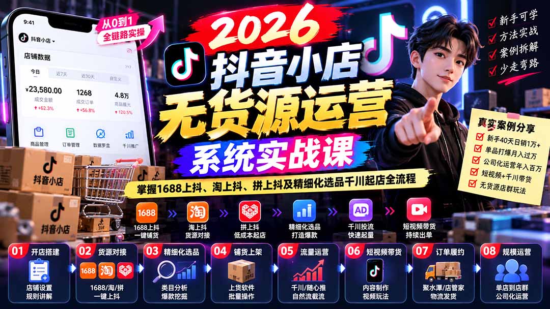 【无水印】2026抖音小店无货源运营系统实战课：掌握1688上抖、淘上抖、拼上抖及精细化选品千川起店全流程-985网创