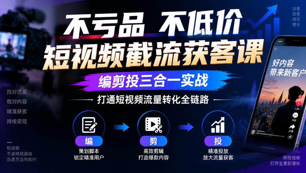 不亏品不低价短视频截流获客课，编剪投三合一实战，打通短视频流量转化全链路-985网创