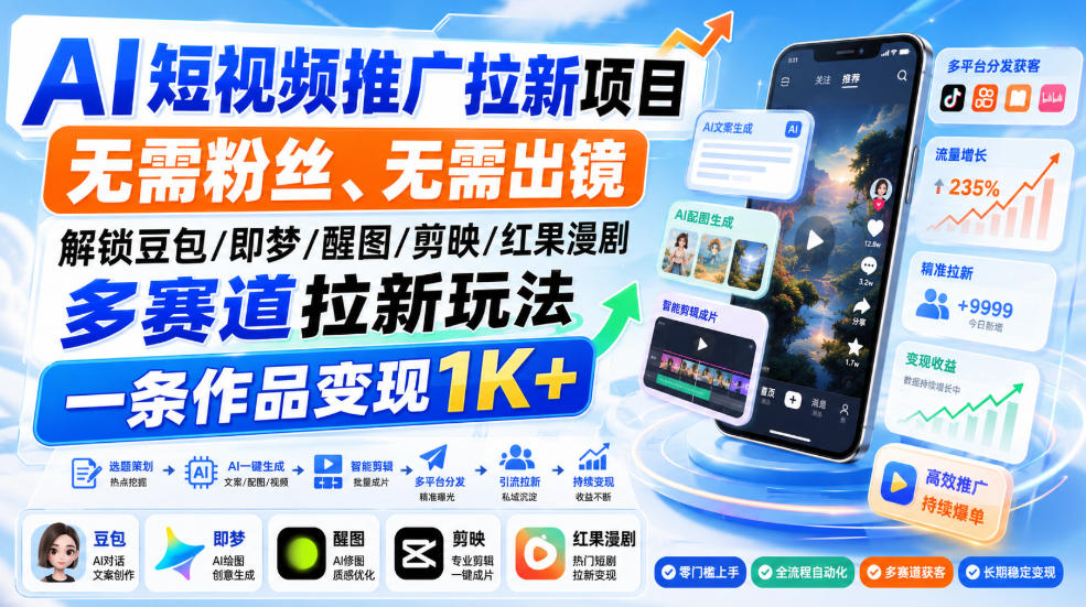 AI短视频推广拉新项目，无需粉丝、无需出镜，解锁豆包/即梦/醒图/剪映/红果漫剧多赛道拉新玩法，一条作品变现1K+-985网创