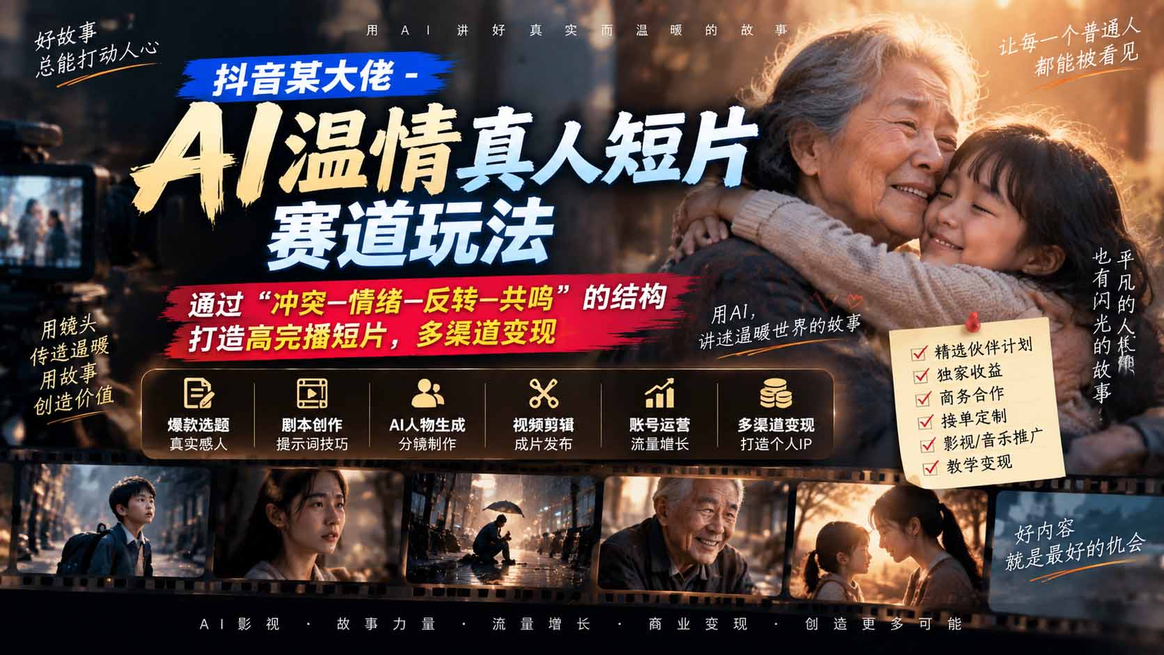 抖音某大佬-AI温情真人短片赛道玩法：通过“冲突—情绪—反转—共鸣”的结构打造高完播短片，多渠道变现-985网创
