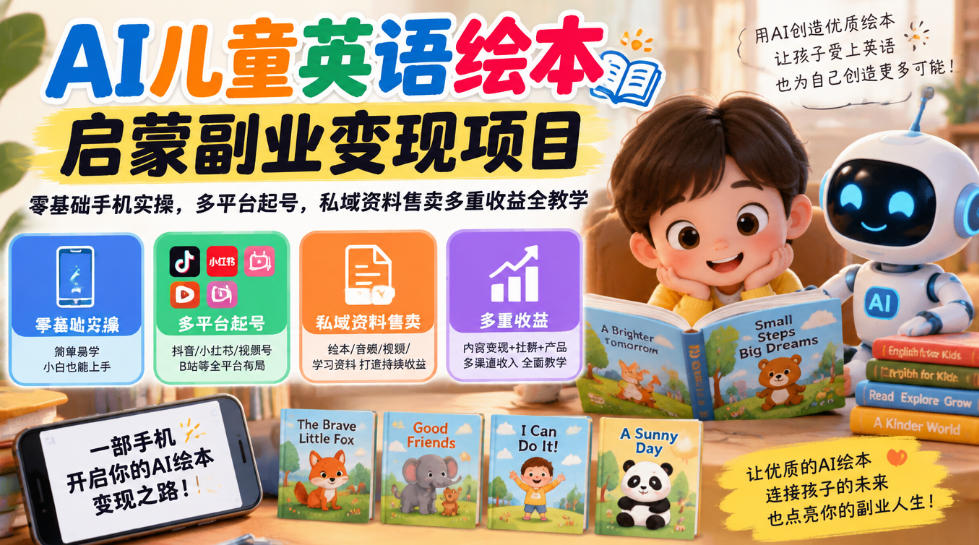 AI儿童英语绘本启蒙副业变现项目，零基础手机实操，多平台起号，私域资料售卖多重收益全教学-985网创