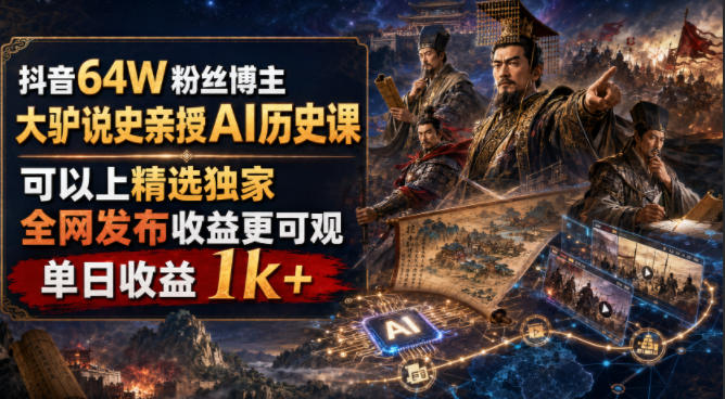 抖音64W粉丝博主大驴说史亲授AI历史课，可以上精选独家，全网发布收益更可观，单日收益1k+-985网创