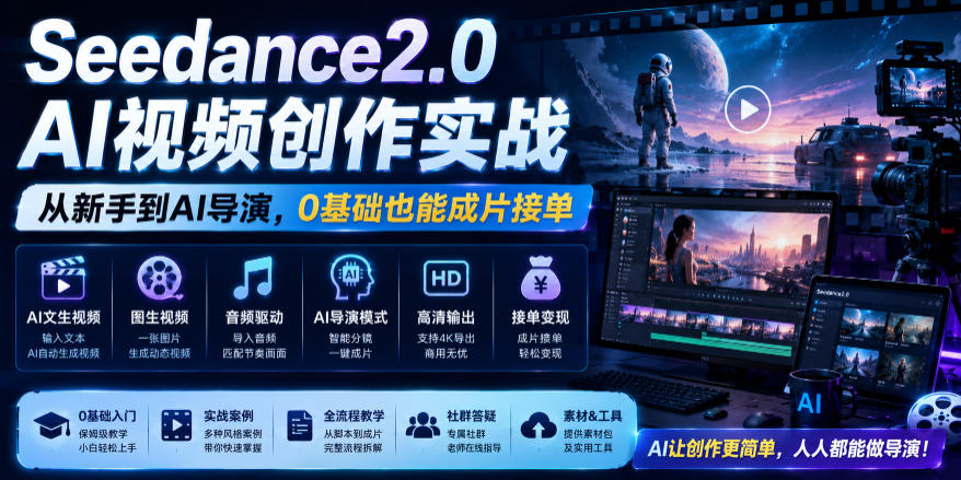 Seedance2.0 AI视频创作实战，从新手到AI导演，0基础也能成片接单变现-985网创
