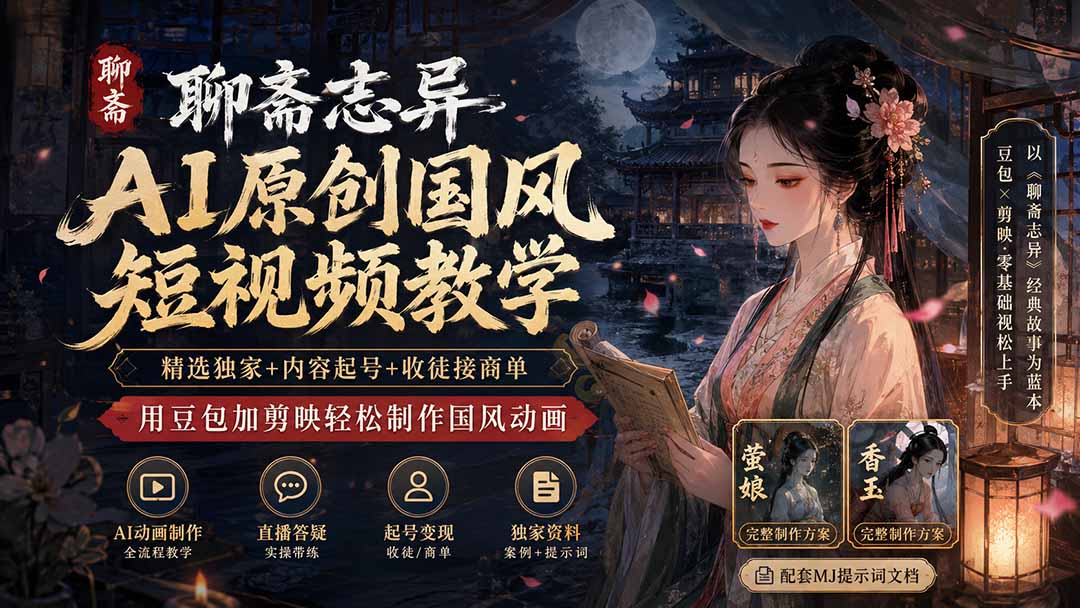 聊斋志异AI原创国风短视频教学；精选独家+内容起号+收徒接商单，用豆包加剪映轻松制作国风动画-985网创