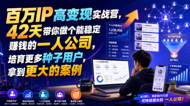 百万IP高变现实战营，42天带你做个能稳定賺钱的一人公司，培育更多种子用户，拿到更大的案例-985网创