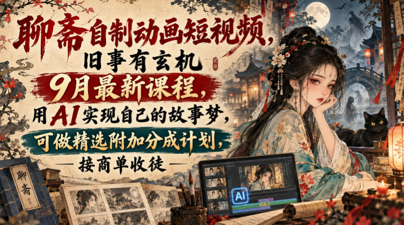 聊斋自制动画短视频，旧事有玄机9月最新课程，用AI实现自己的故事梦，可做精选附加分成计划，接商单收徒-985网创