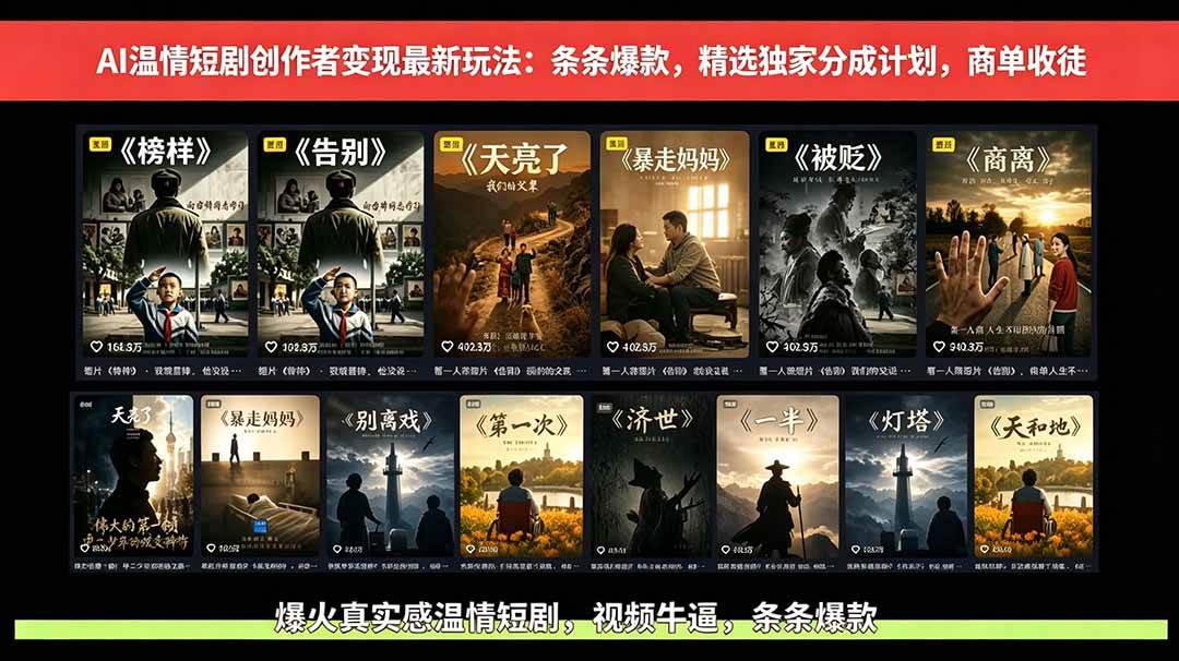 （18748期）AI温情短剧创作者变现最新玩法：视频牛逼，条条爆款，精选独家分成计划，商单收徒-985网创