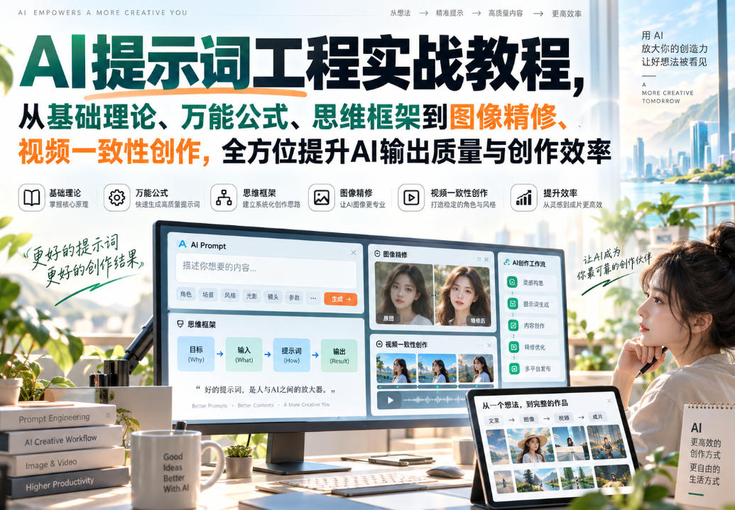 AI提示词工程实战教程，从基础理论、万能公式、思维框架到图像精修、视频一致性创作，全方位提升AI输出质量与创作效率-985网创