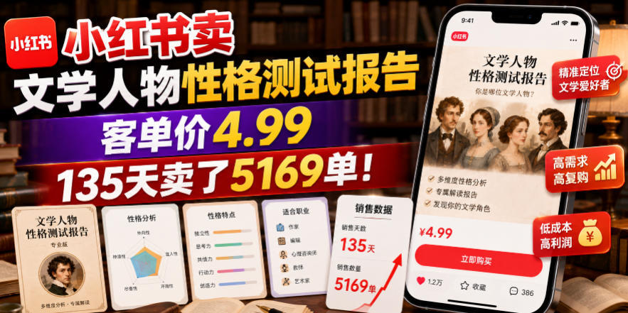 小红书卖文学人物性格测试报告，客单价4.99，135天卖了5169单！-985网创