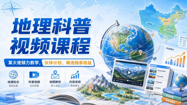 地理科普视频课程，某大佬倾力教学，伙伴计划、精选独家收益-985网创