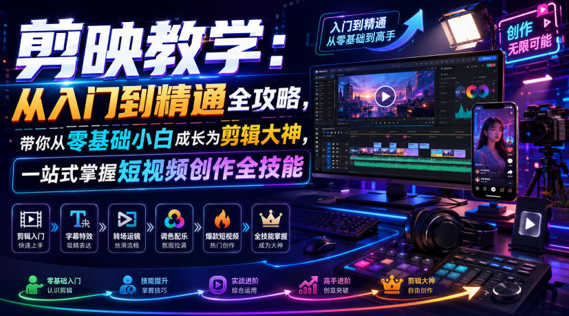 剪映教学：从入门到精通全攻略，带你从零基础小白成长为剪辑大神，一站式掌握短视频创作全技能-985网创