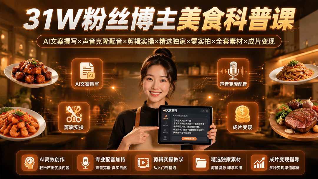 （19558期）31W粉丝博主美食科普课：AI文案撰写×声音克隆配音×剪辑实操×精选独家×零实拍×全套素材×成片变现-985网创