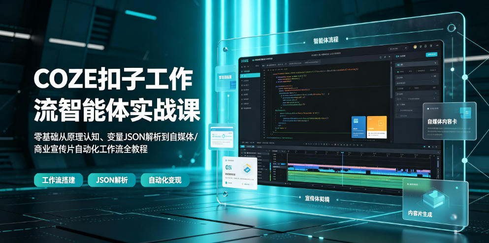 COZE扣子工作流智能体实战课｜零基础从原理认知、变量JSON解析到自媒体/商业宣传片自动化工作流全教程-985网创