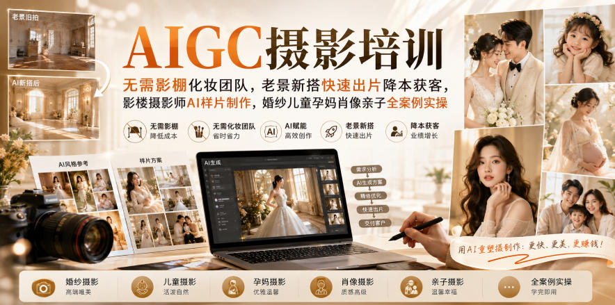 AIGC摄影培训｜无需影棚化妆团队，老景新搭快速出片降本获客，影楼摄影师AI样片制作，婚纱儿童孕妈肖像亲子全案例实操-985网创