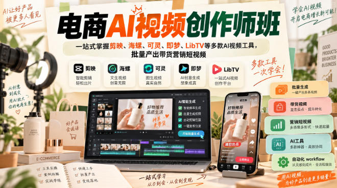 电商AI视频创作师班，一站式掌握剪映、海螺、可灵、即梦、LibTV等多款AI视频工具，批量产出带货营销短视频-985网创