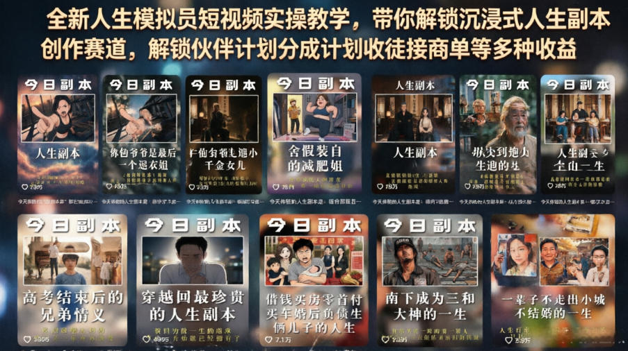 全新人生模拟员短视频实操教学，带你解锁沉浸式人生副本创作赛道，解锁伙伴计划分成计划收徒接商单等多种收益-985网创