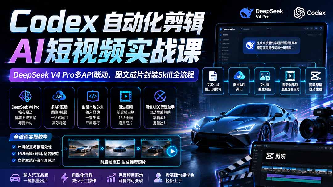 Codex自动化剪辑AI短视频实战课｜DeepSeek V4 Pro多API联动，图文成片封装Skill全流程-985网创