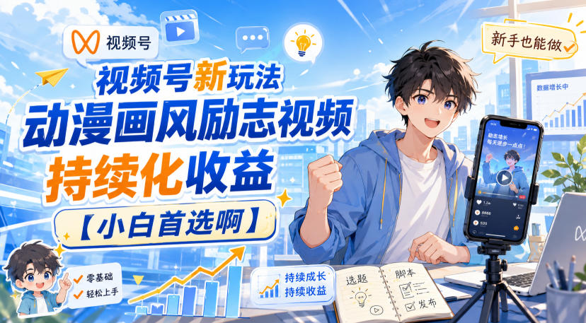 视频号新玩法动漫画风励志视频，持续化收益【小白首选啊】-985网创