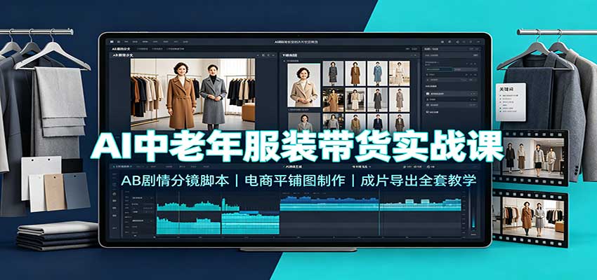 AI中老年服装带货实战课：AB剧情分镜脚本，电商平铺图制作，成片导出全套教学-985网创