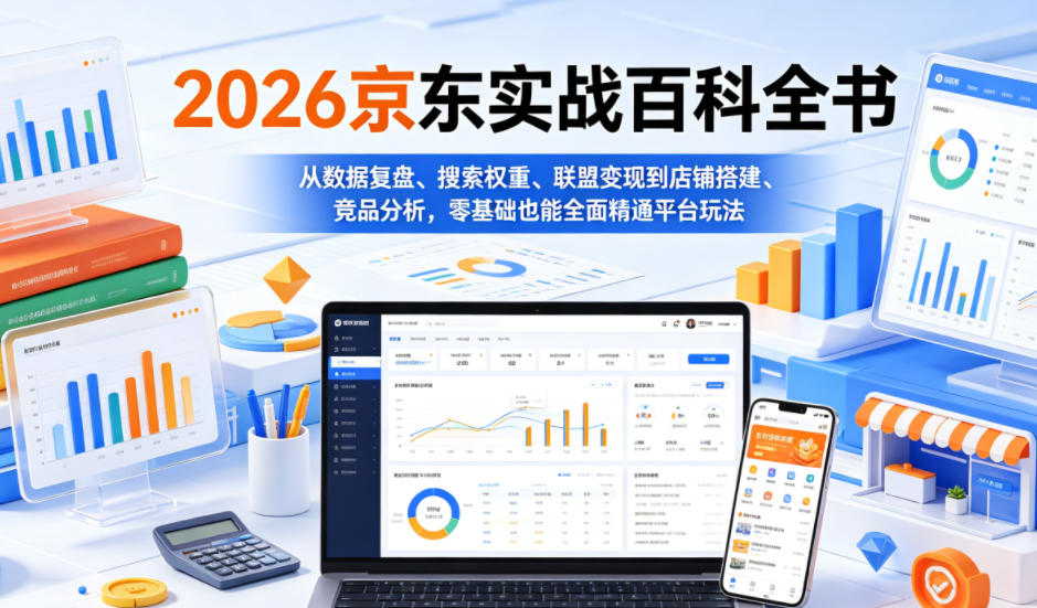 2026京东实战百科全书，从数据复盘、搜索权重、联盟变现到店铺搭建、竞品分析，零基础也能全面精通平台玩法-985网创
