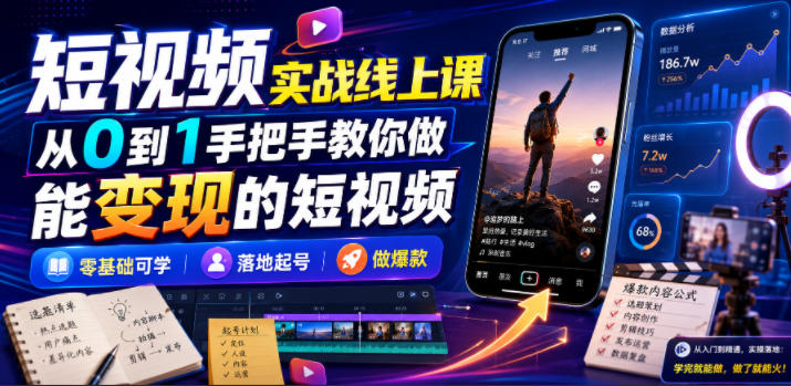 短视频实战线上课，从0到1手把手教你做能变现的短视频，零基础可学，落地起号做爆款-985网创