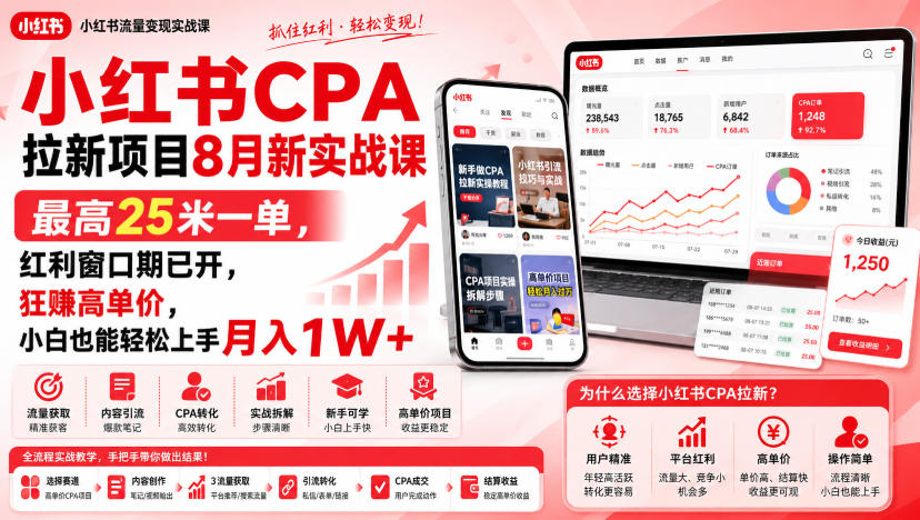 小红书CPA拉新项目8月新实战课，最高25米一单，红利窗口期已开，狂賺高单价，小白也能轻松上手月入1W+(更新0907)-985网创
