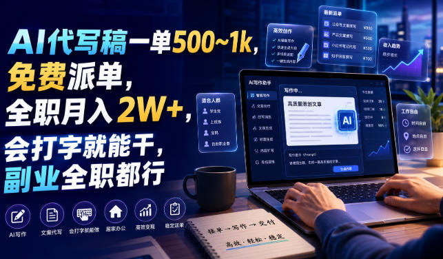 AI代写稿一单500~1k，免费派单，全职月入2W+，会打字就能干，副业全职都行【揭秘】-985网创
