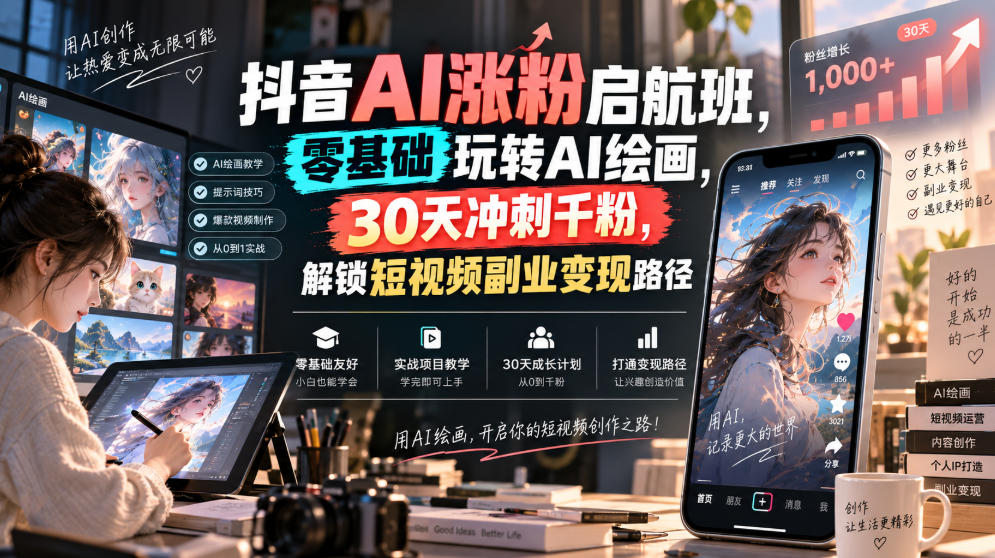 抖音AI涨粉启航班，零基础玩转AI绘画，30天冲刺千粉，解锁短视频副业变现路径-985网创