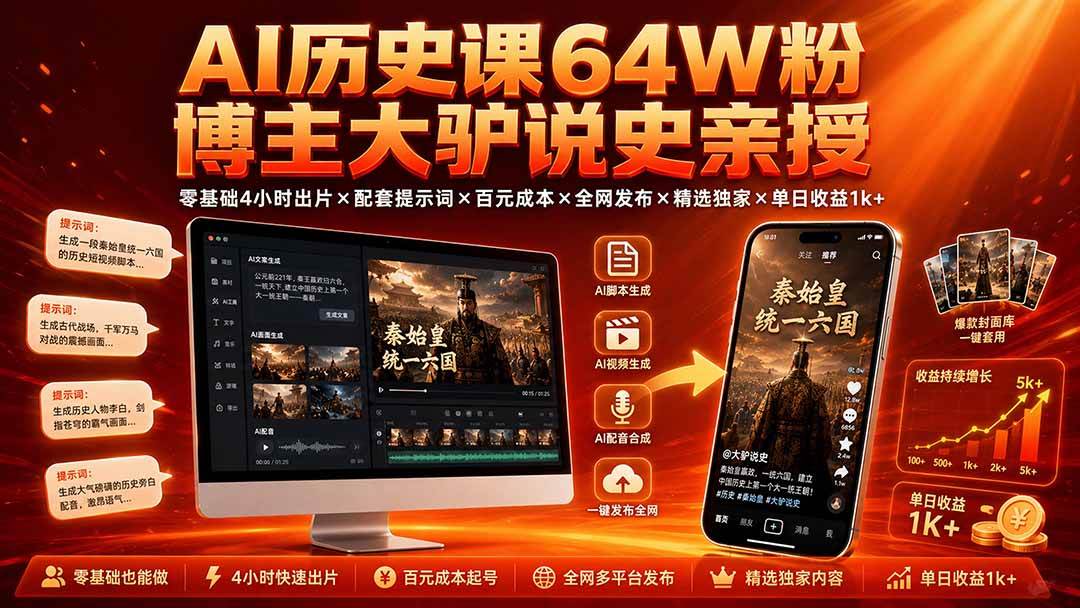 （19557期）AI历史课64W粉博主大驴说史亲授：零基础4小时出片×配套提示词×百元成本×全网发布×精选独家×单日收益1k+-985网创