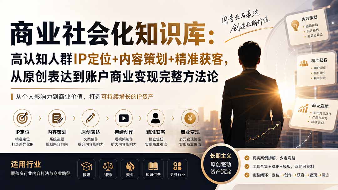 商业社会化知识库：高认知人群IP定位+内容策划+精准获客，从原创表达到账户商业变现完整方法论-985网创